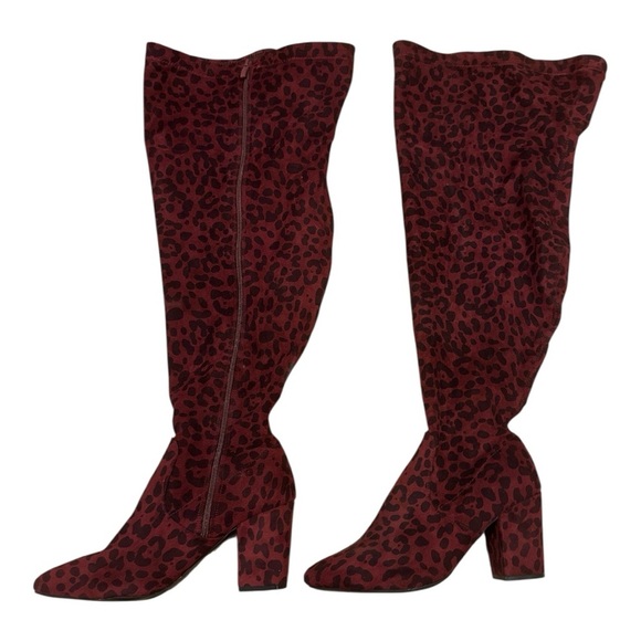Leopard Print Knee-High Boots - Red - Picture 1 of 3